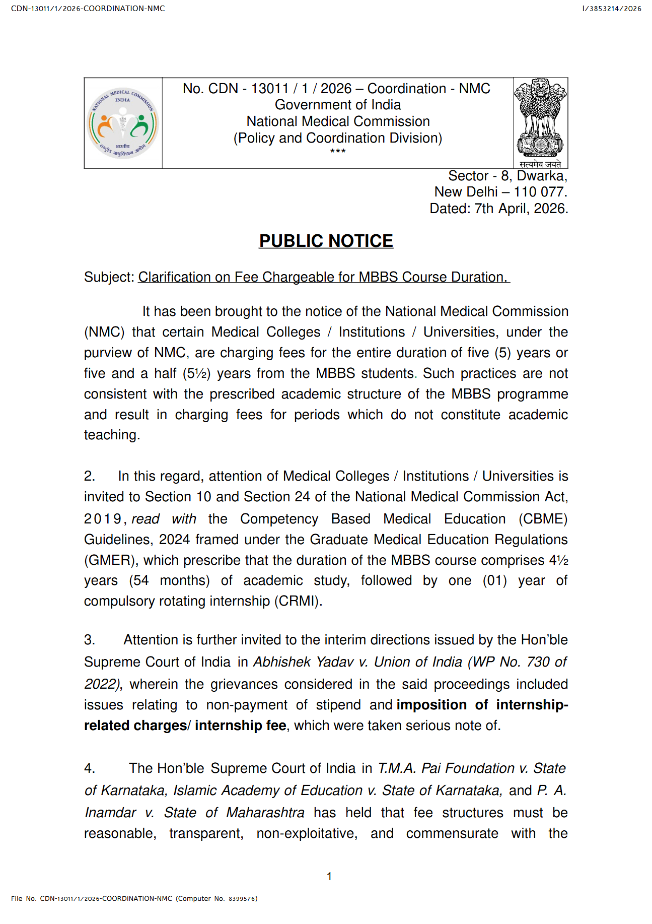 NMC official notice regarding MBBS fees and internship