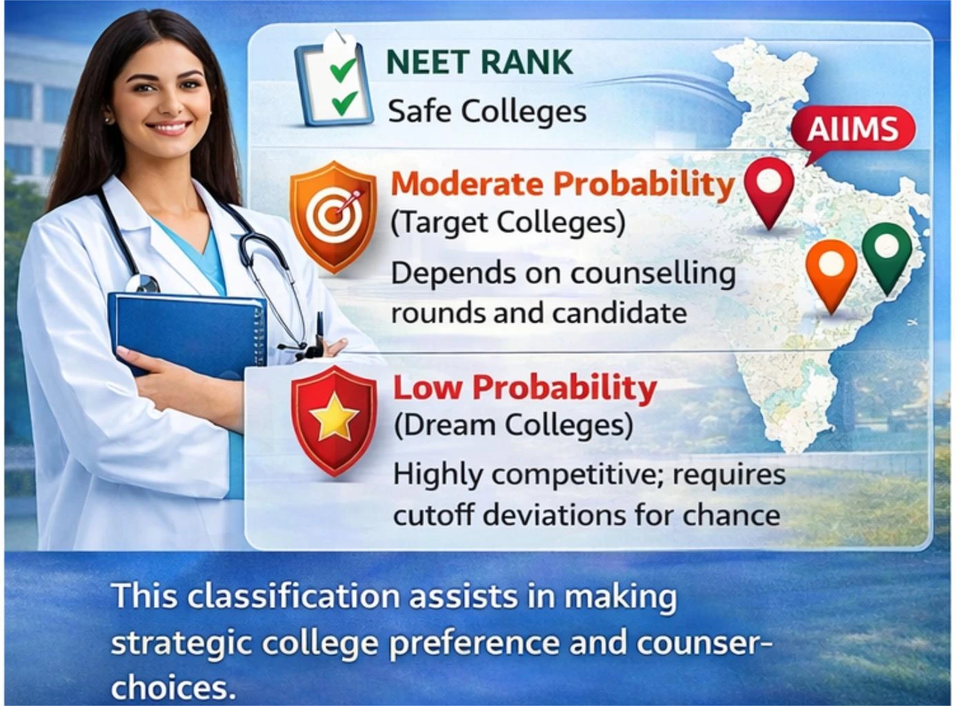 NEET College Predictor infographic showing safe, target and dream colleges