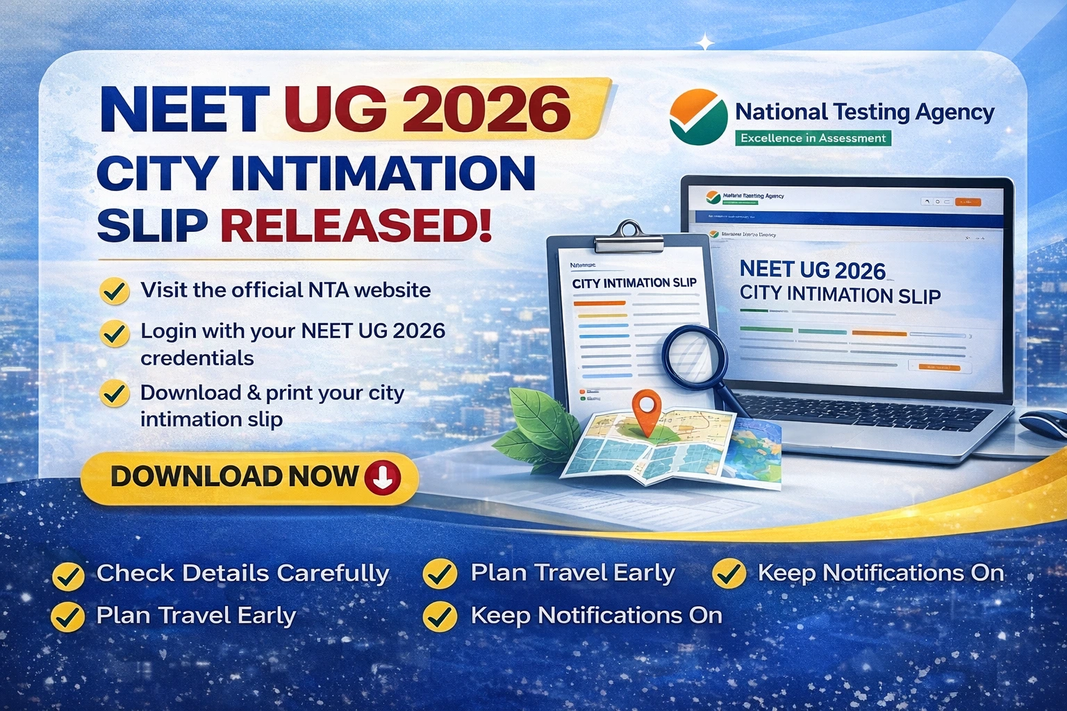 NEET UG 2026 City Intimation Slip Released – Check Exam City & Download